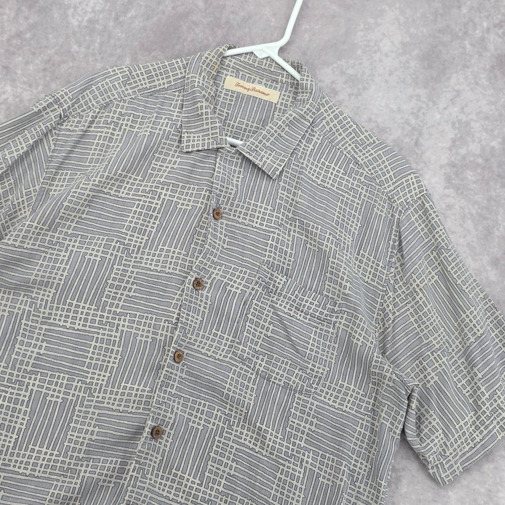 Tommy Bahama Silk Button Down Shirt Mens Large Grey Geometric Grid Short Sleeve